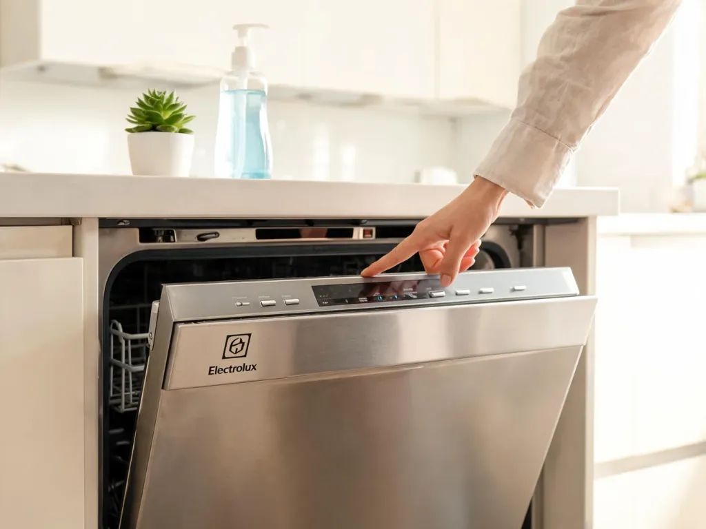 Ręka uruchamia program czyszczenia na panelu zmywarki Electrolux w jasnej, nowoczesnej kuchni.