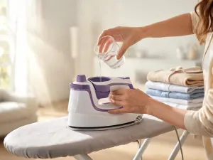 Kobieta naciska przycisk na panelu pralki Samsung w jasnej pralni, ilustrując krok resetowania urządzenia.