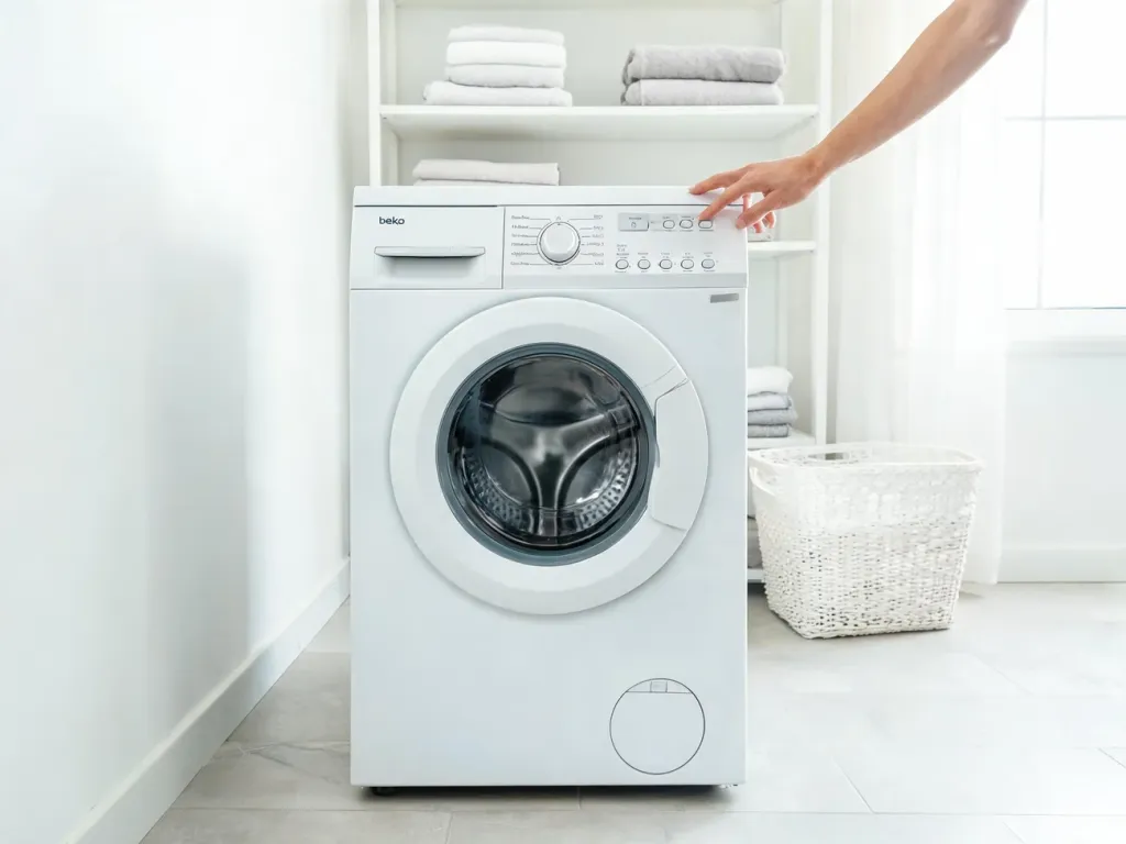 Ręka naciskająca przycisk na panelu pralki Beko w jasnej, uporządkowanej pralni domowej