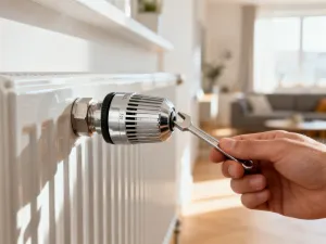 Nowoczesny robot sprzątający poruszający się po drewnianej podłodze w jasnym, minimalistycznym salonie.
