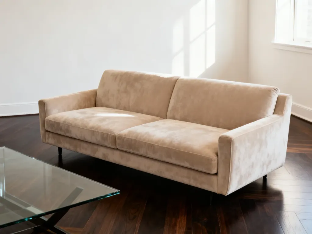 Jasna welurowa sofa i szklany stolik kawowy na tle ciemnej podłogi w nowoczesnym, słonecznym salonie.
