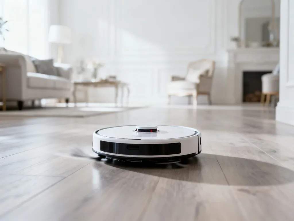 Nowoczesny robot sprzątający poruszający się po drewnianej podłodze w jasnym, minimalistycznym salonie.