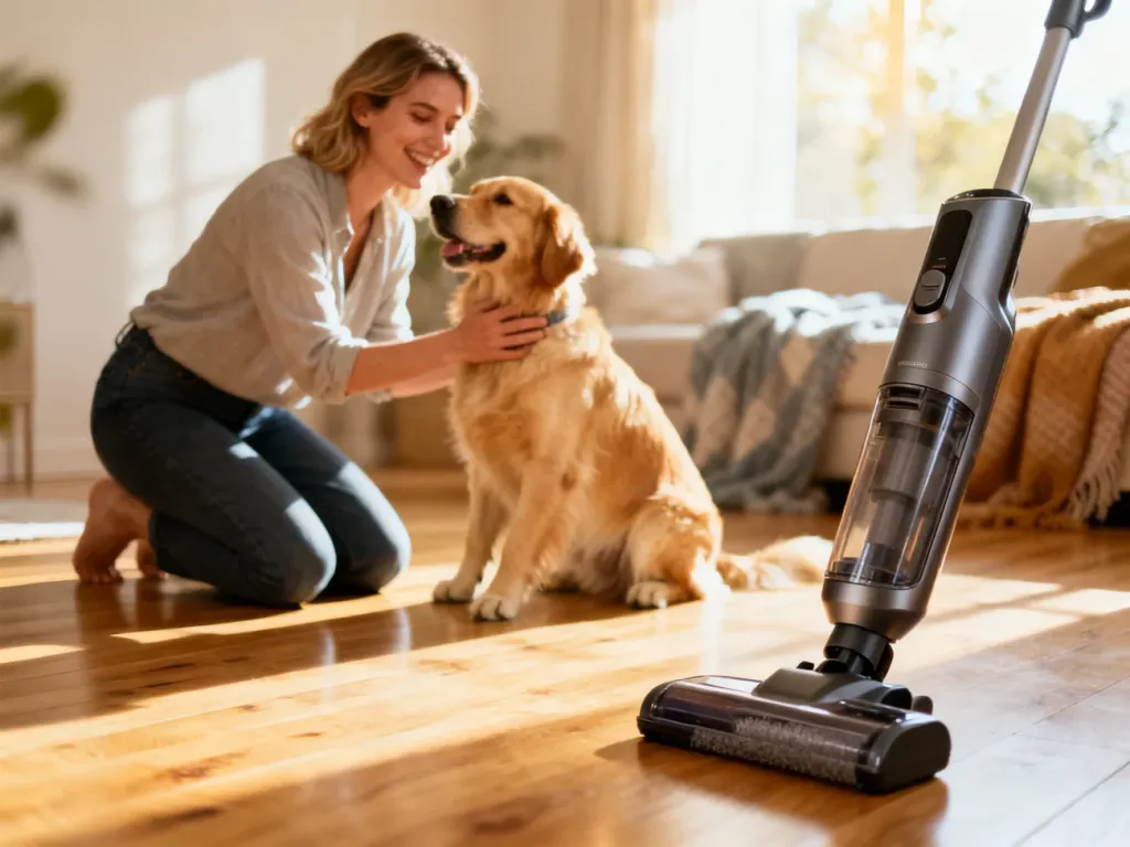 Kobieta bawiąca się z golden retrieverem w czystym salonie obok nowoczesnego odkurzacza bezprzewodowego.