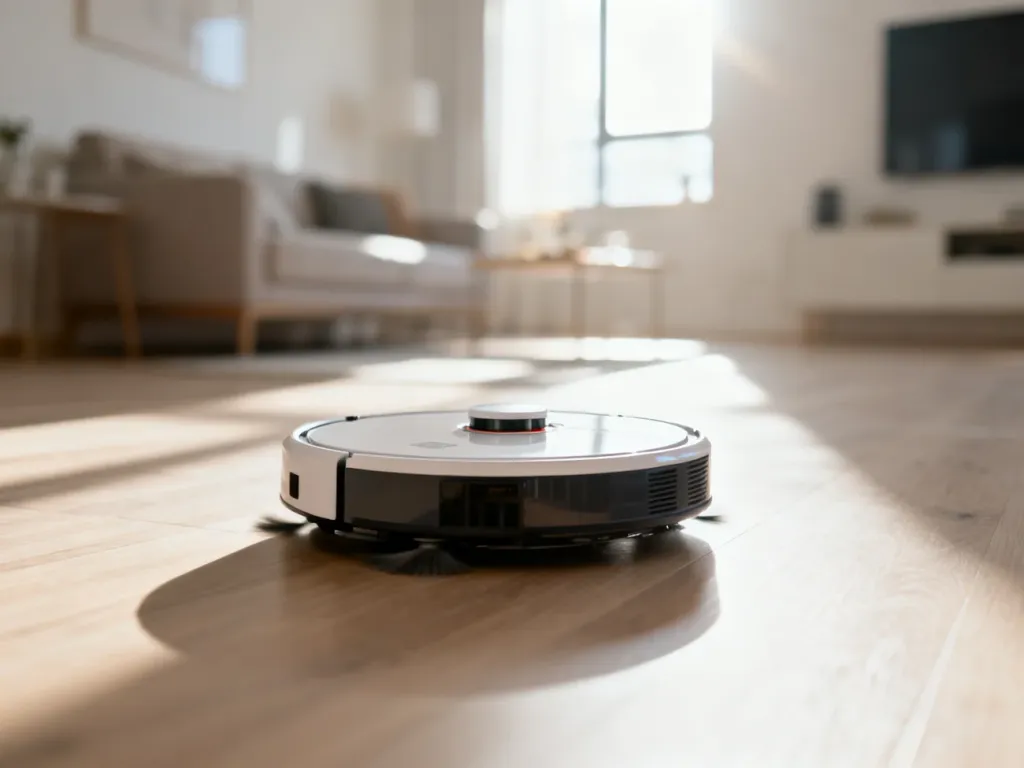 Nowoczesny robot odkurzający poruszający się po drewnianej podłodze w jasnym, minimalistycznym salonie.