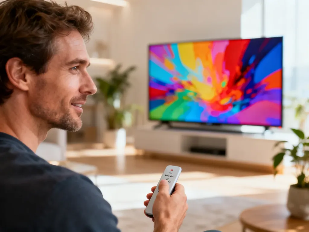 Nowoczesny telewizor Hisense 4K wyświetlający barwną grafikę w stylowym salonie, obsługiwany za pomocą minimalistycznego pilota.