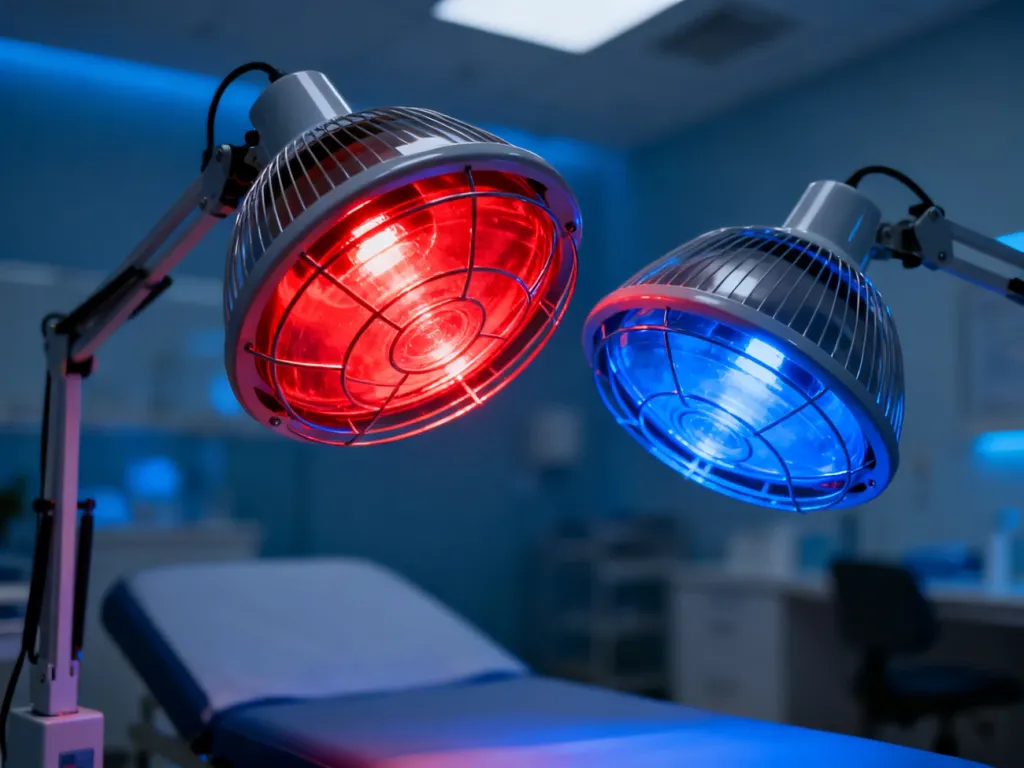 Nowoczesna lampa sollux z dwiema żarówkami: czerwoną i niebieską, umieszczona w profesjonalnym gabinecie fizjoterapeutycznym.