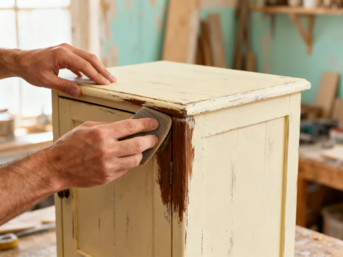 Wykonywanie przecierki shabby chic na pomalowanym drewnianym meblu
