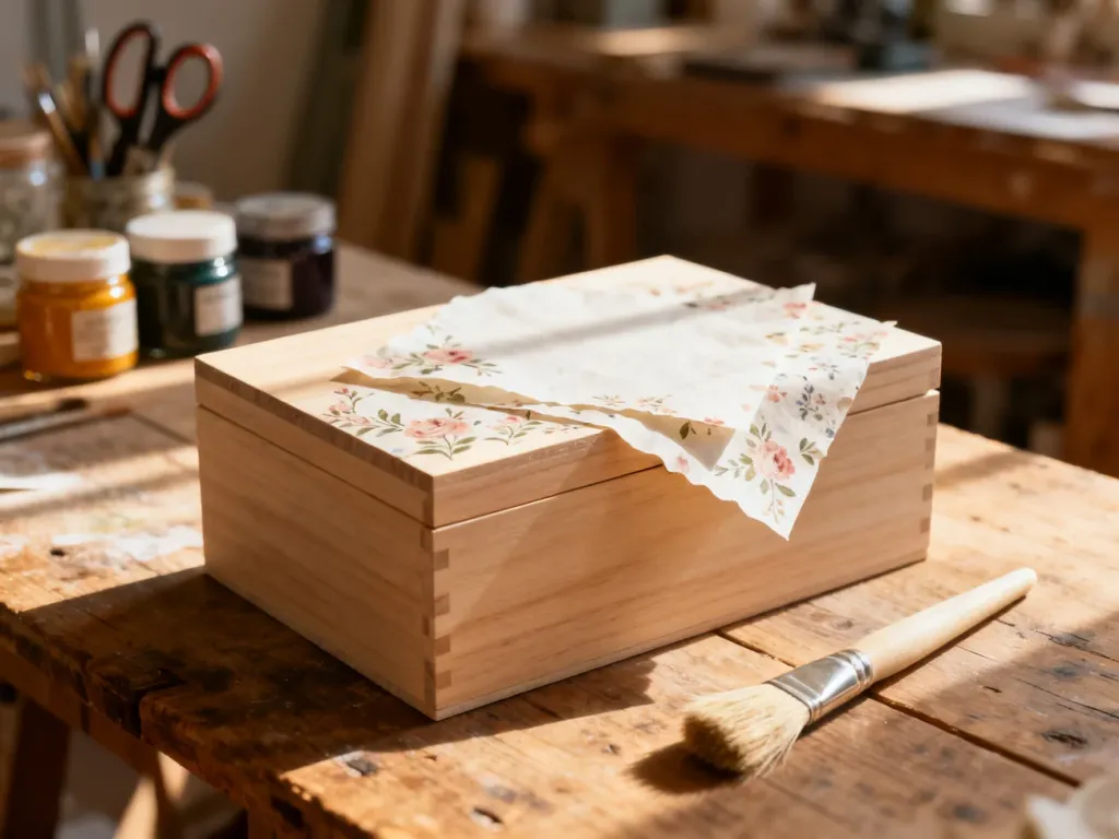 Drewniane pudełko w trakcie ozdabiania techniką decoupage przy użyciu serwetek, pędzla i lakieru w pracowni rzemieślniczej.