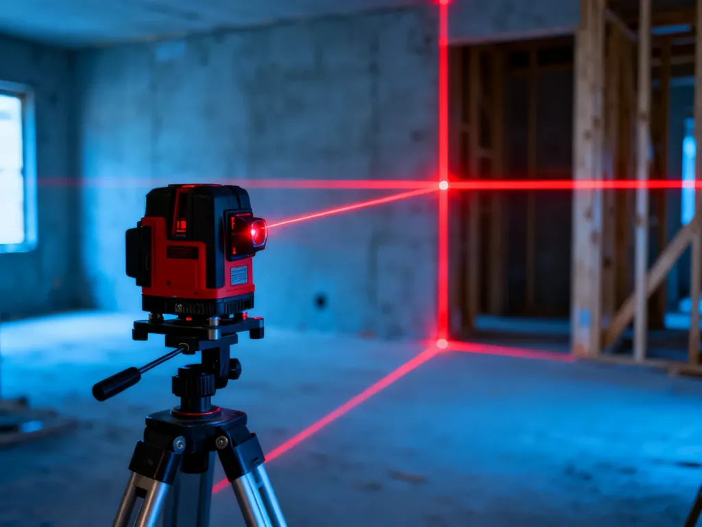Poziomica laserowa na statywie wyznaczająca precyzyjne linie na ścianach w trakcie prac remontowych.