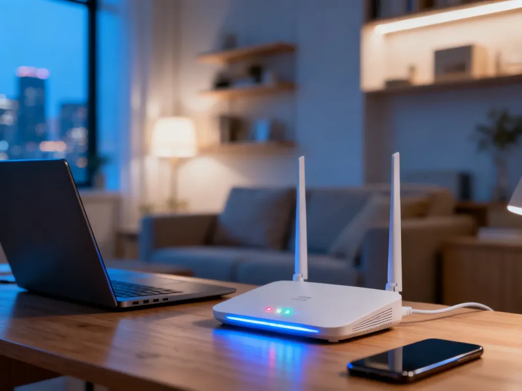 Nowoczesny router Wi‑Fi na biurku obok laptopa i smartfona, symbolizujący domowy internet stacjonarny, no text on the picture