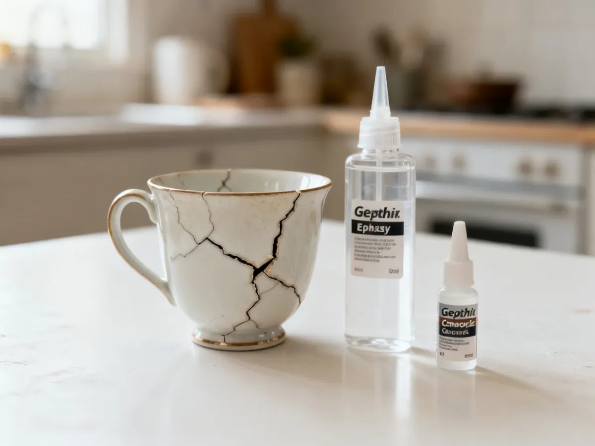 Pęknięta porcelanowa filiżanka i kleje przygotowane do naprawy