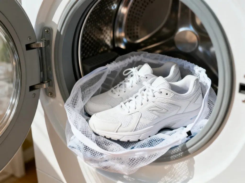 Czyste białe sneakersy w siatce ochronnej umieszczone w bębnie pralki, gotowe do bezpiecznego prania.