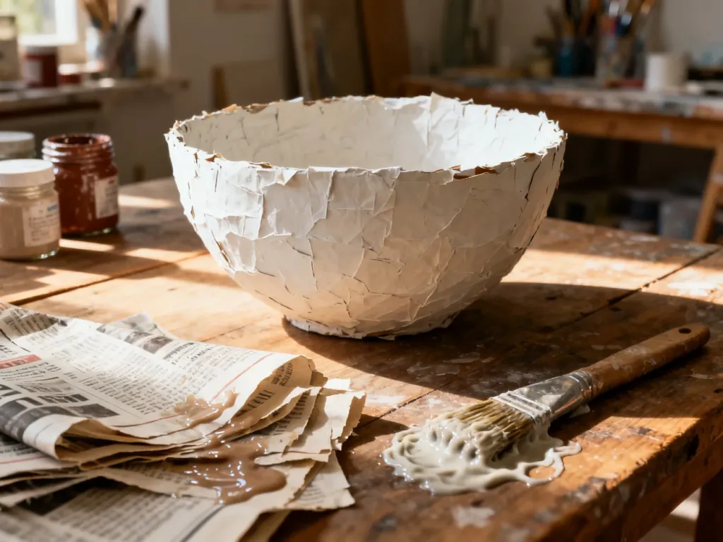 Ręcznie wykonana miska z papier-mâché w trakcie tworzenia na drewnianym stole, otoczona pędzlem i materiałami plastycznymi.