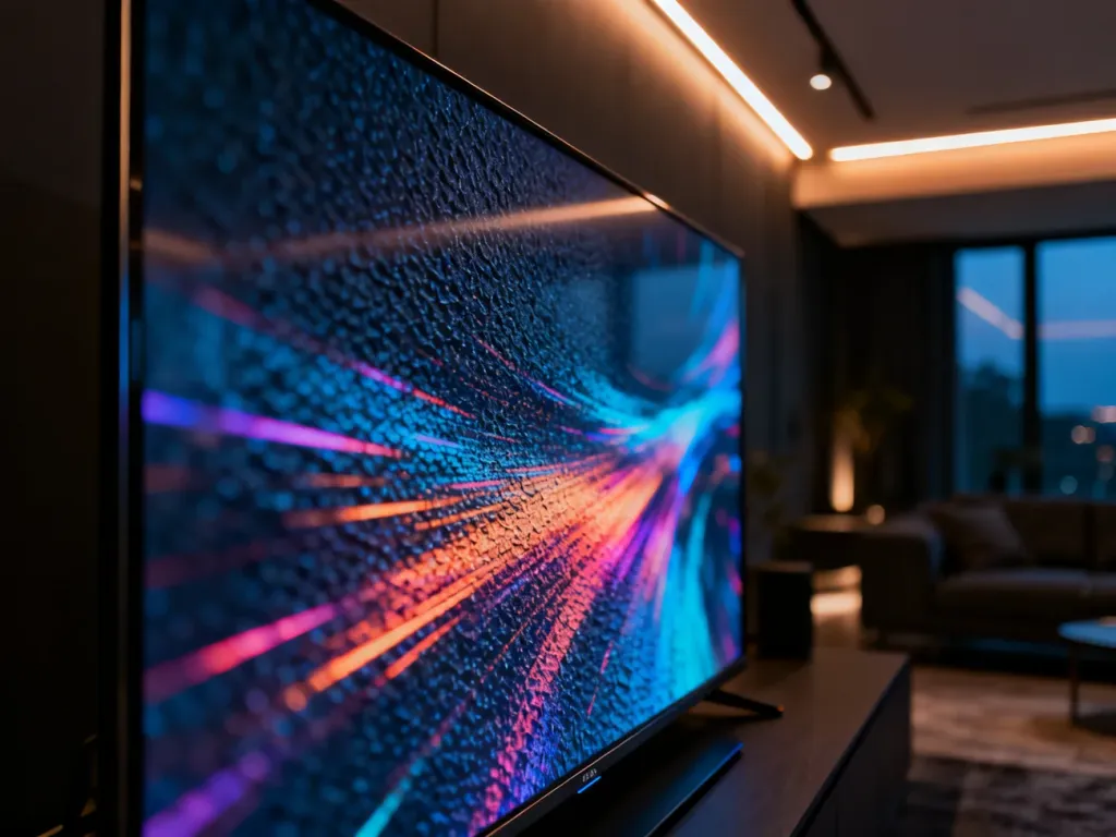 Nowoczesny telewizor TCL 4K z wyraźnym obrazem w minimalistycznym salonie, podkreślający wysoką jakość technologii.