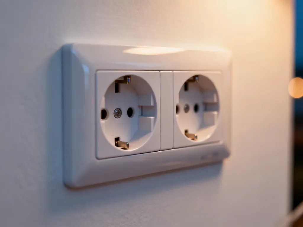 Nowoczesne gniazdko elektryczne zamontowane na białej ścianie, ukazujące precyzyjne rozmieszczenie styków.