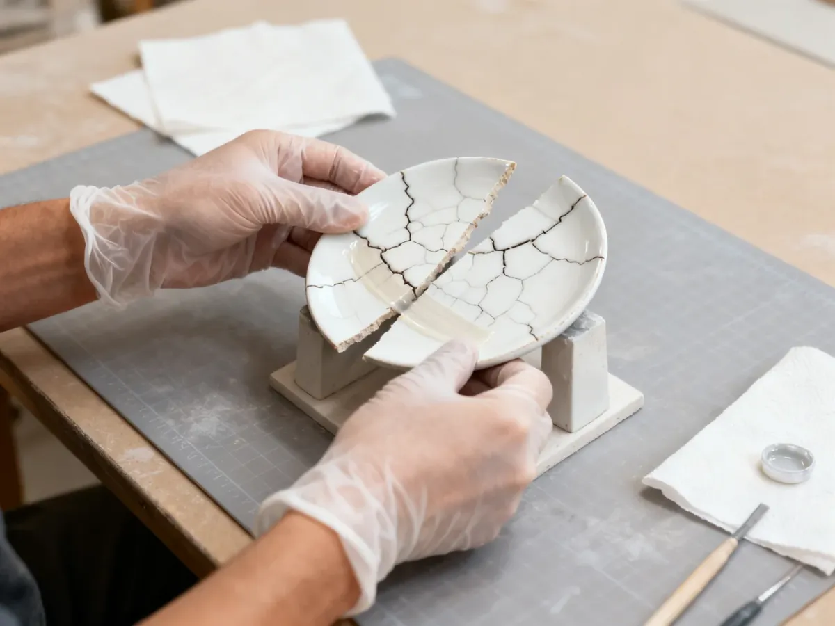 Ręce w rękawiczkach łączące pęknięte fragmenty porcelany